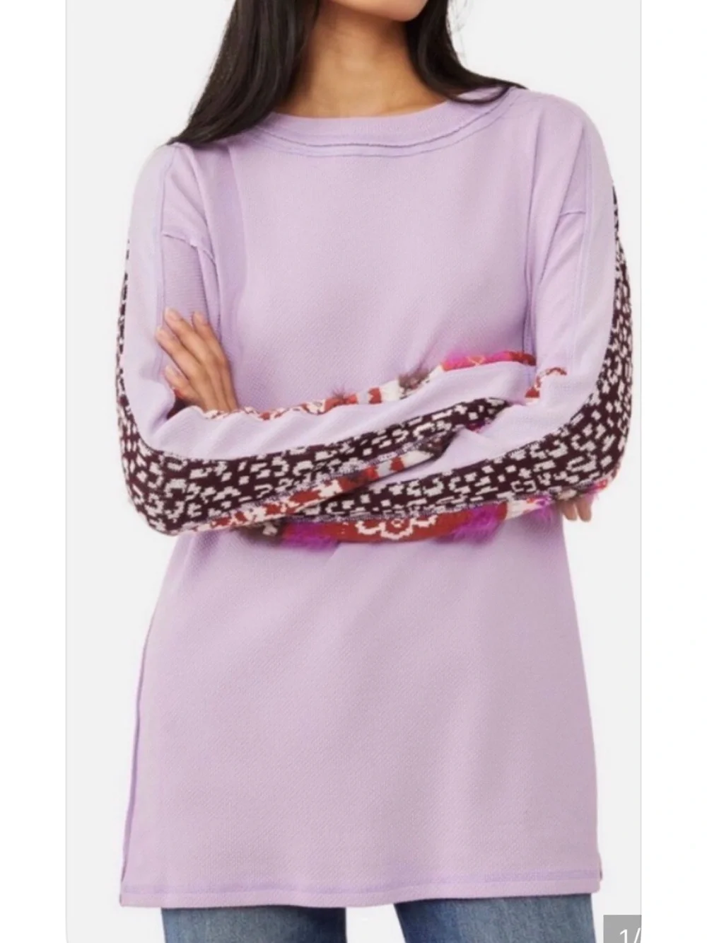 Free People Petal Lilac On My Way Thermal Top Patterned Sleeve Medium